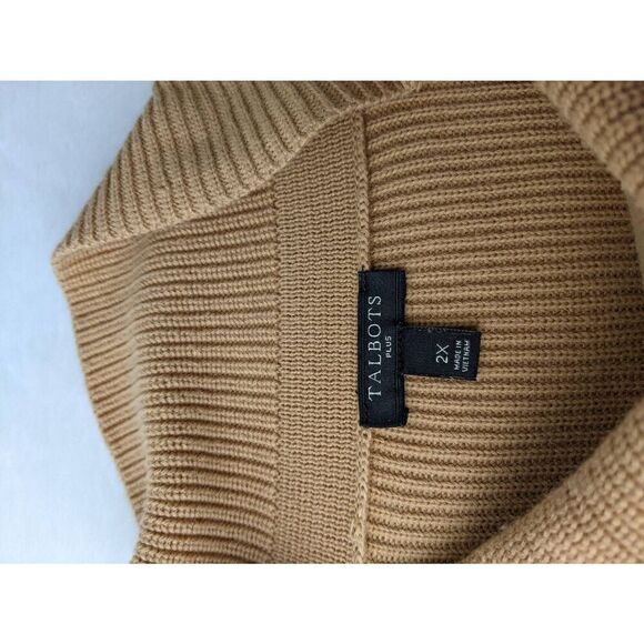 Talbots Women's Tan Pima Cotton Sweater w Cream Trim Folded Crew Neck Size 2X - Picture 3 of 7